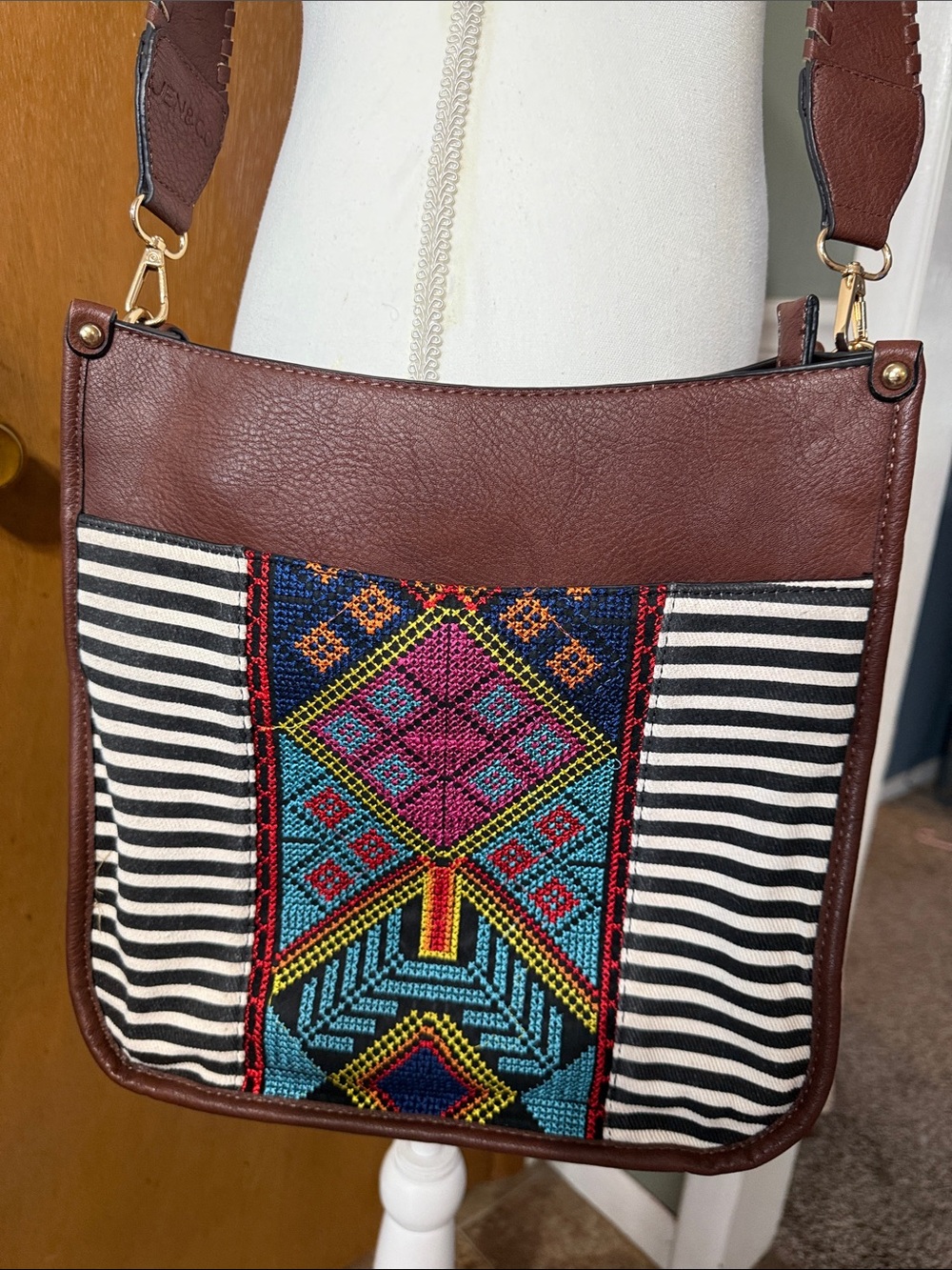 Brown Embroidered Crossbody Bag with Striped Panels